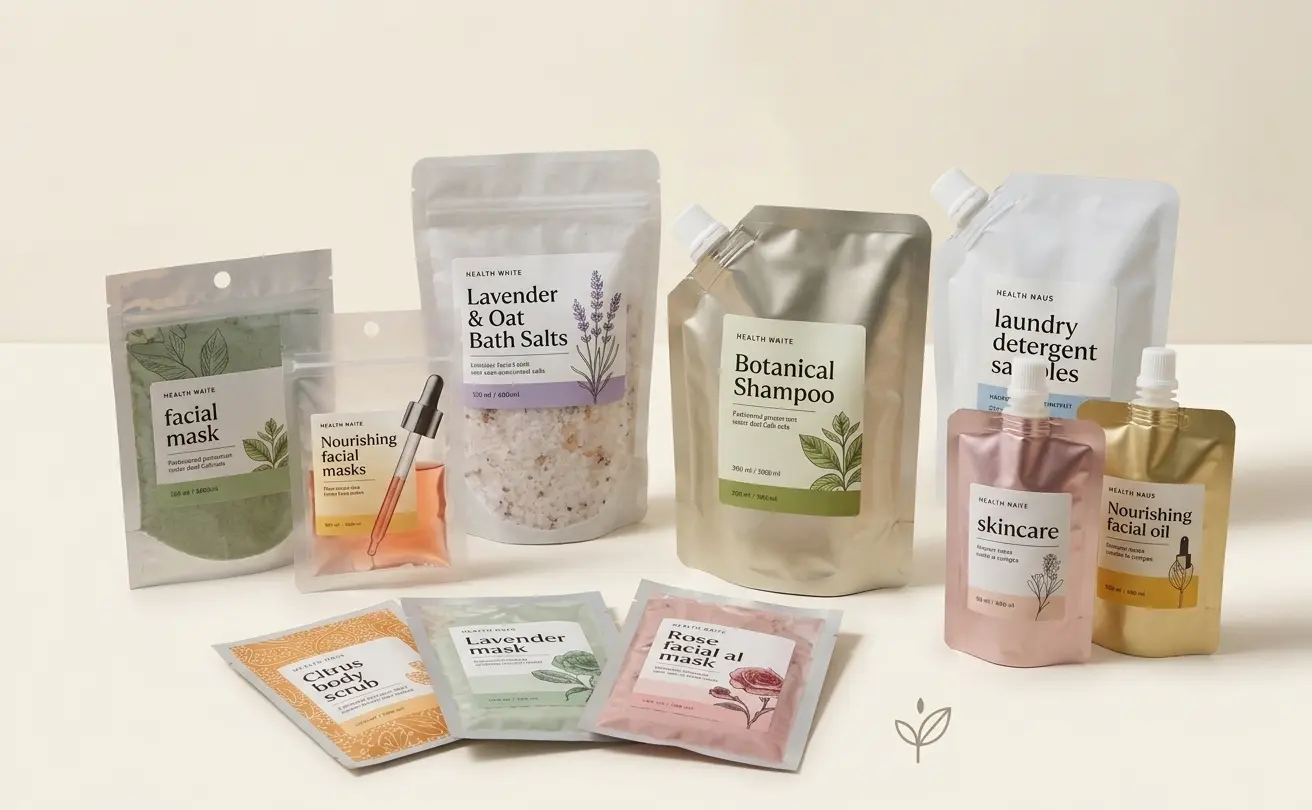 Beauty and personal care packaging for skincare cosmetics and bath products flexible pouch solutions