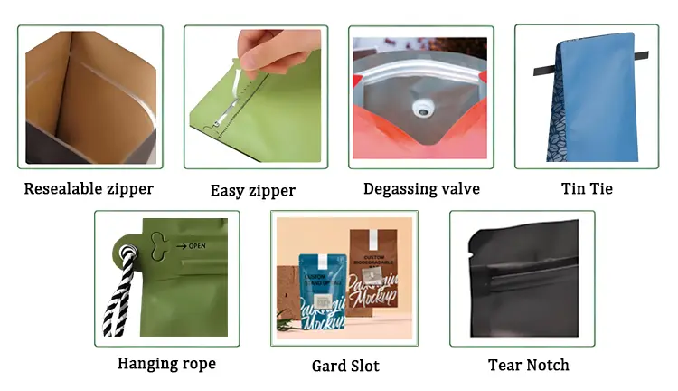Coffee packaging accessories including degassing valves and resealable zippers for stand up pouch bags
