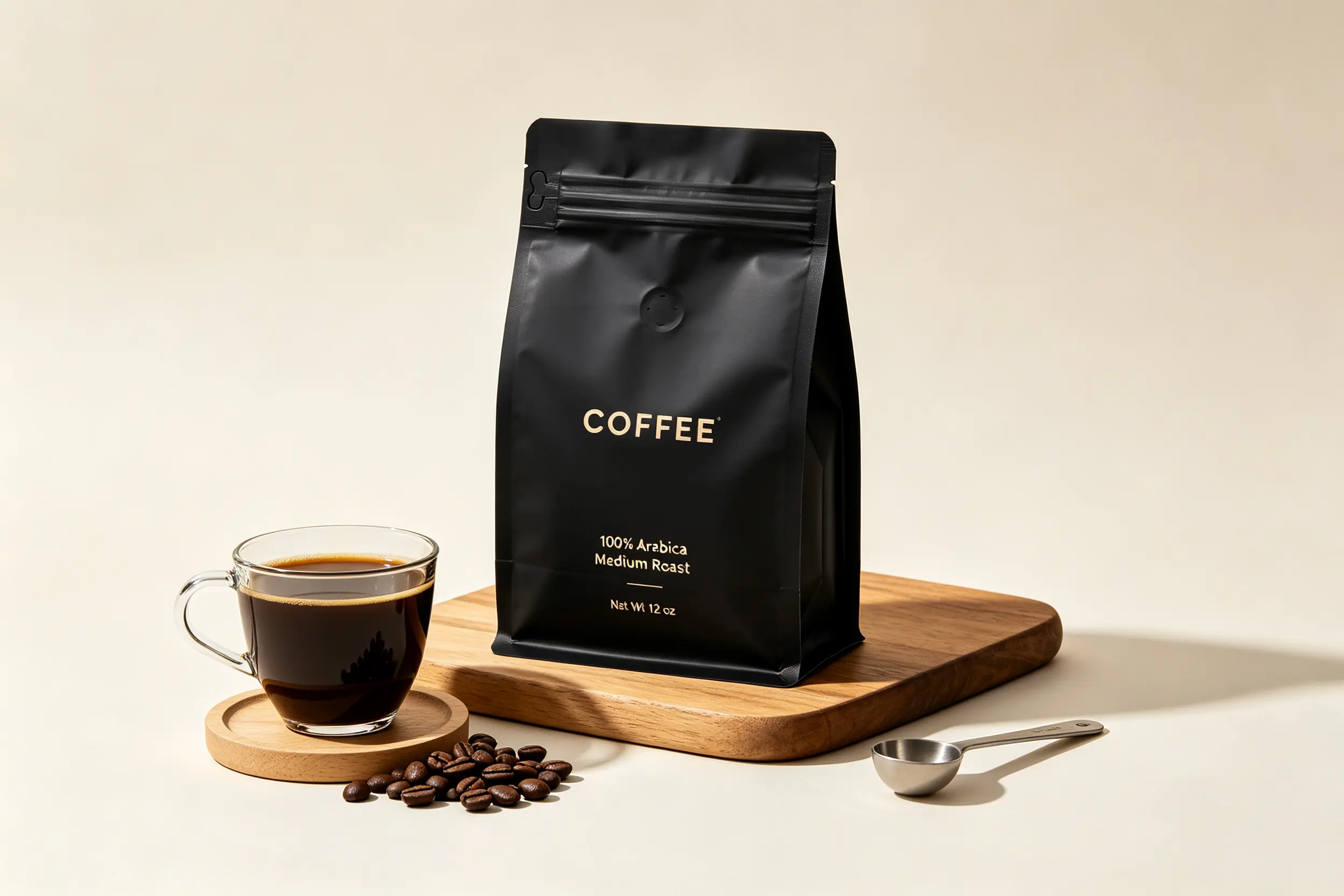 Flat bottom bag 12 oz coffee packaging with valve and zipper black matte finish for premium coffee brands