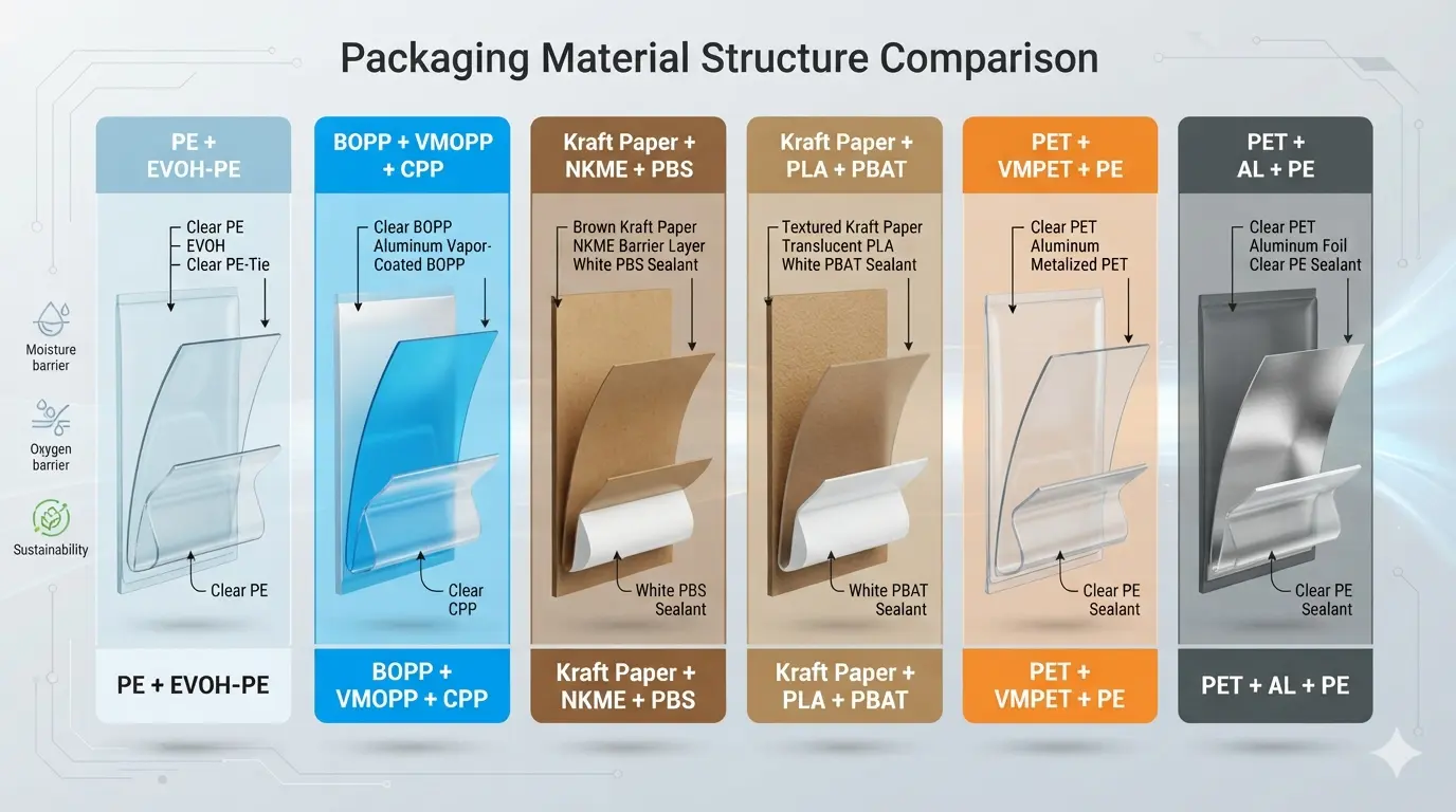 Wide selection of coffee packaging materials including kraft paper, aluminum foil, recyclable and compostable films for sustainable packaging solutions