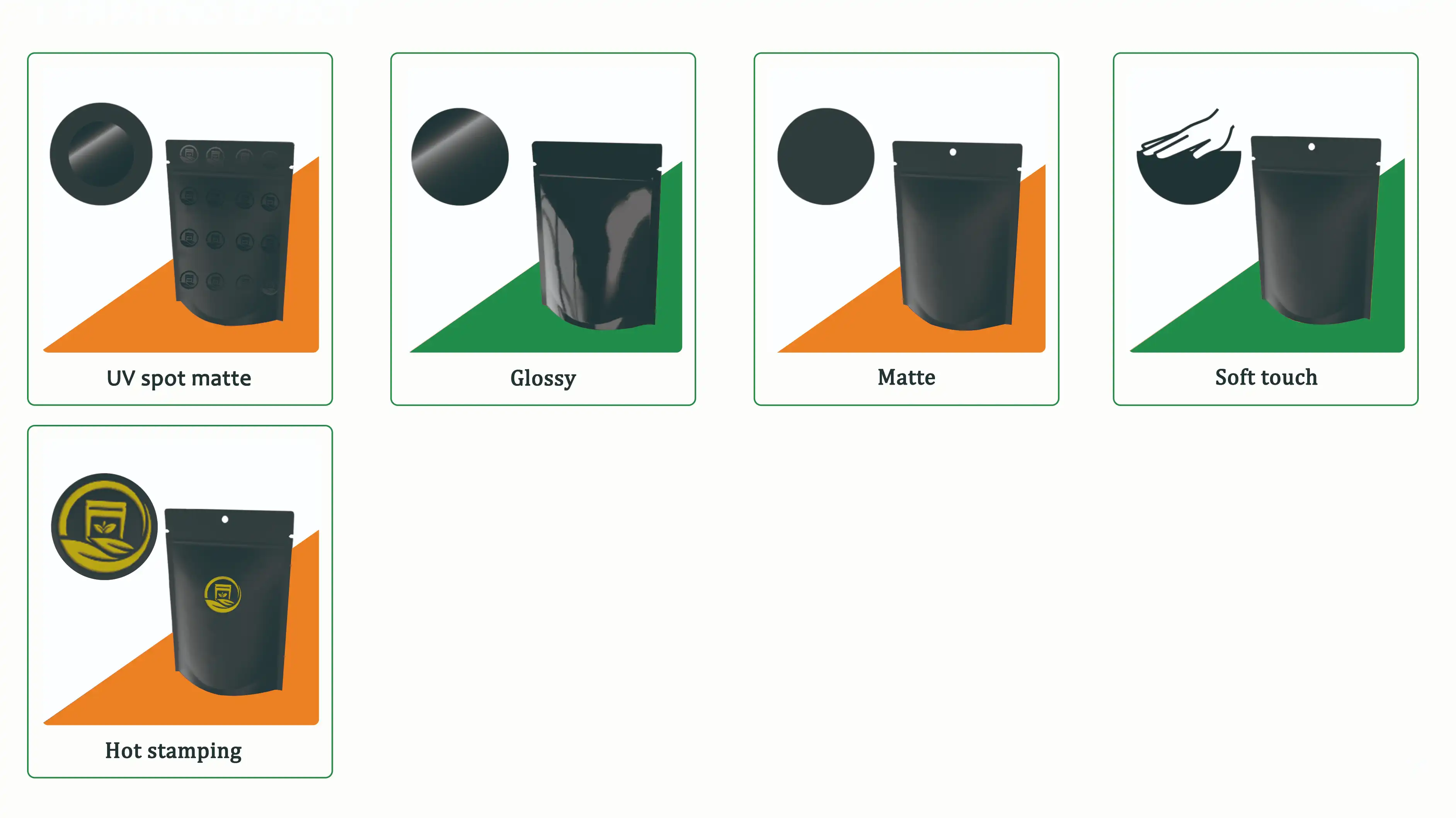 Surface finishing options for coffee packaging including matte, gloss, soft touch, and spot UV effects for premium branding