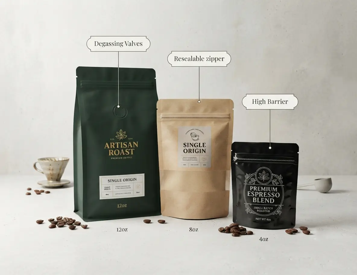 Custom eco-friendly coffee packaging stand up pouch bags with degassing valve for coffee roasters and brands by Yihaipack