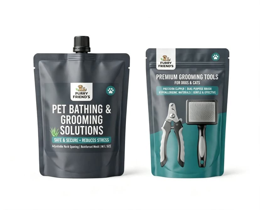 Custom pet grooming and care pouches with resealable zippers and spout