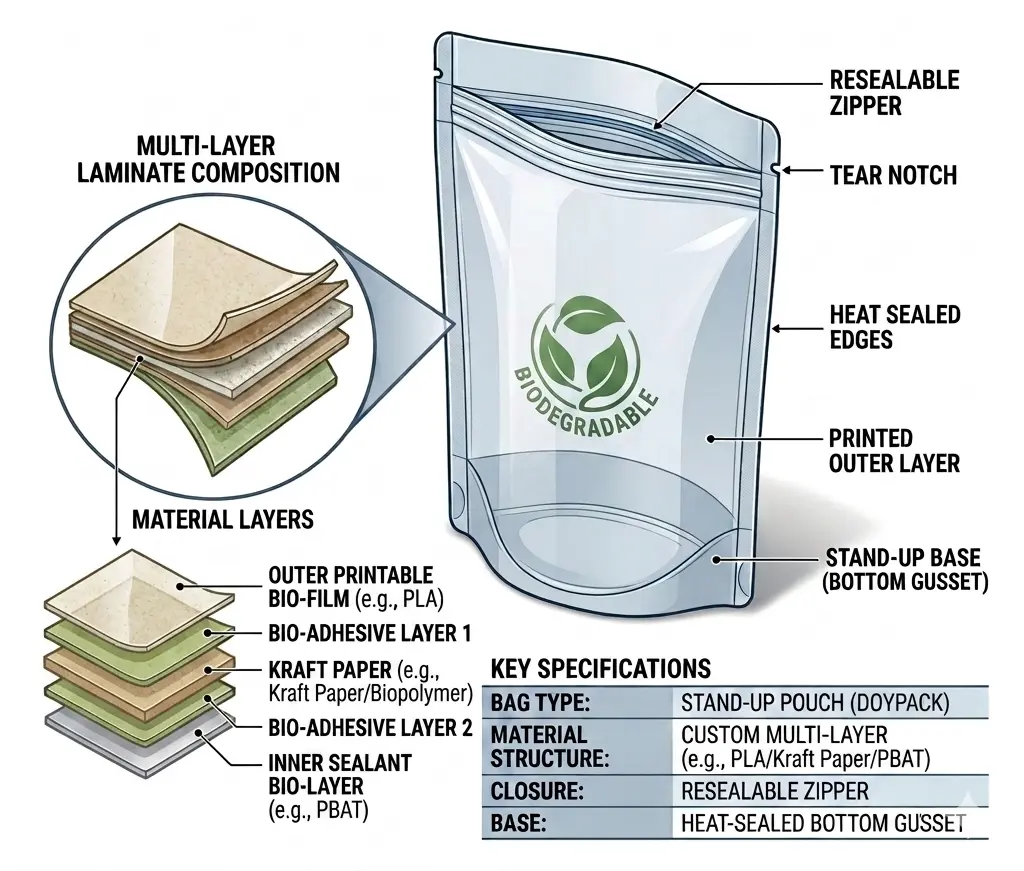 Stand up pouch packaging displayed on retail shelf for coffee and snacks