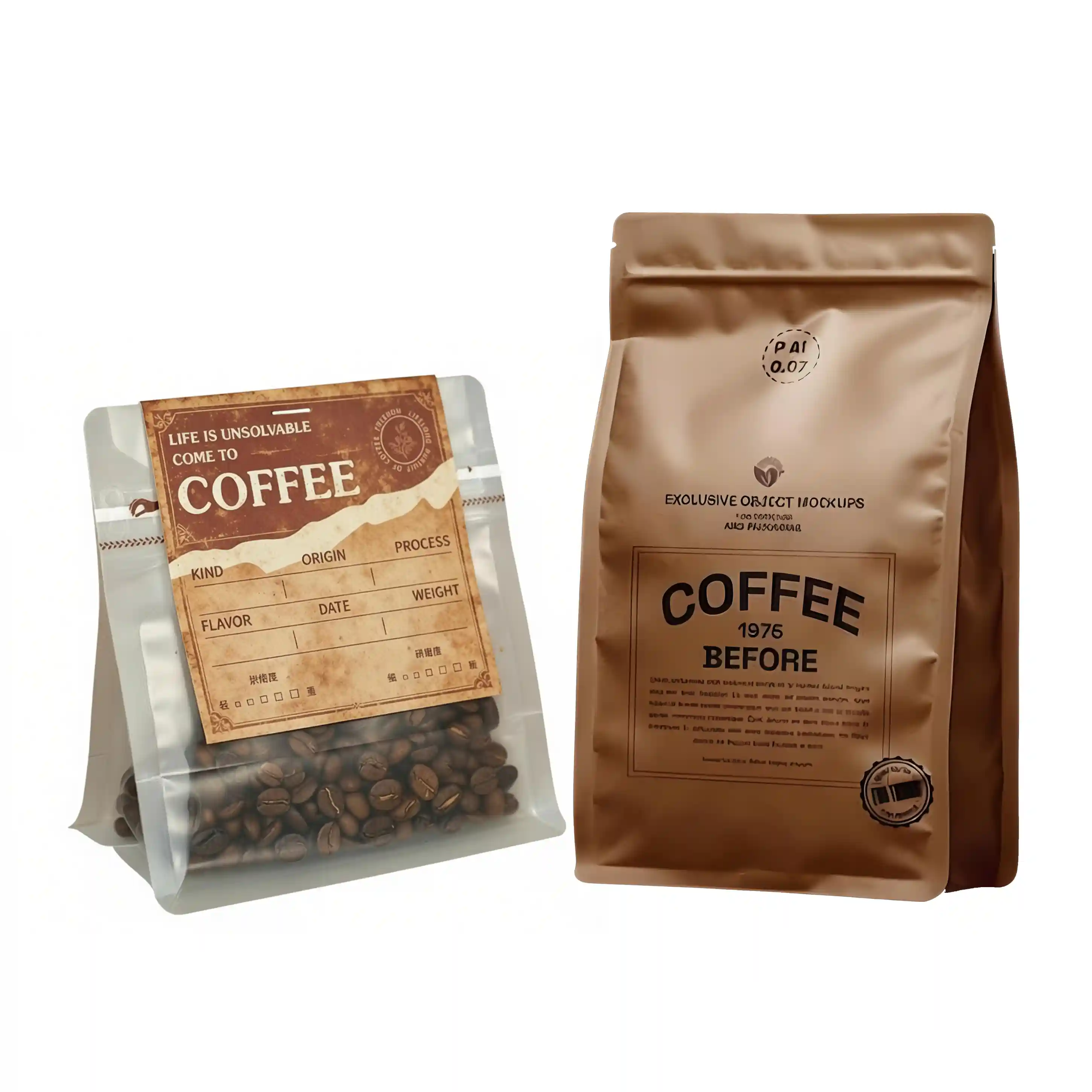 Flat bottom bag box pouch packaging for premium coffee bean cannabis protein powder and food packaging applications