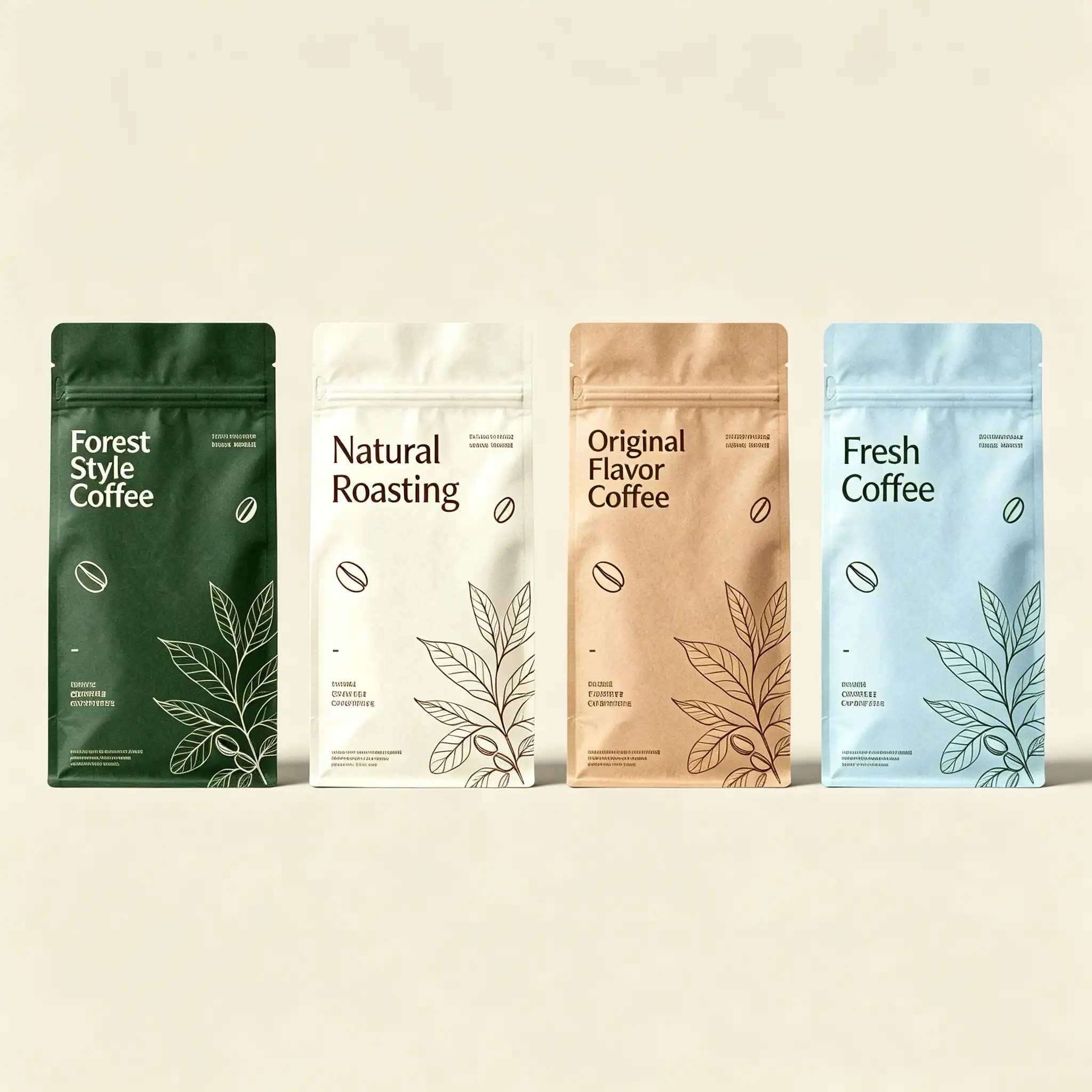 Flat coffee pouch packaging for retail coffee snacks and lightweight food products with strong barrier protection