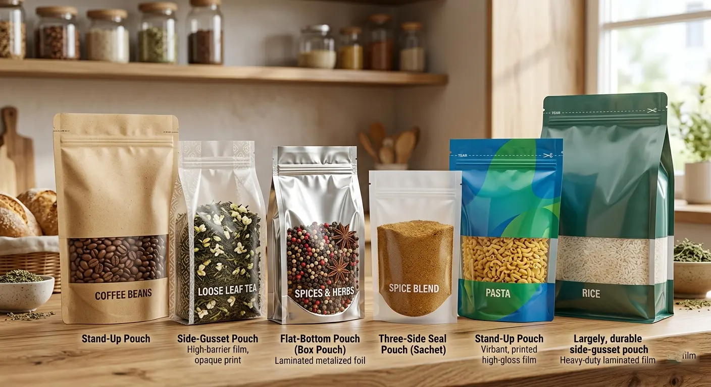Food packaging including coffee spice tea and dry goods flexible bags for retail shelf display