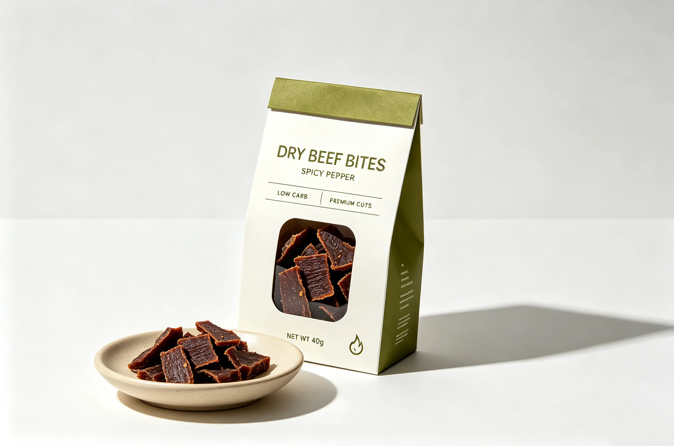 Flat bottom bag packaging for snacks beer jerky nuts and baked food products with premium retail shelf display