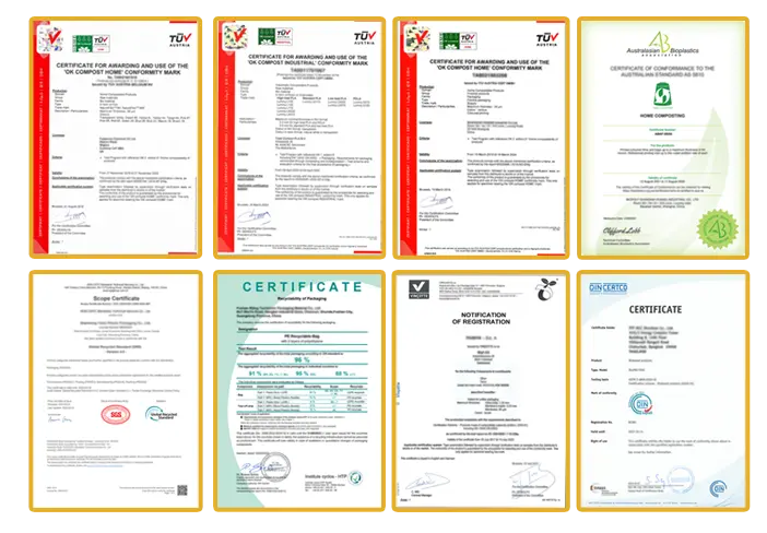 Global packaging certifications and compliance standards including FDA GRS OK compost and compostable packaging approvals