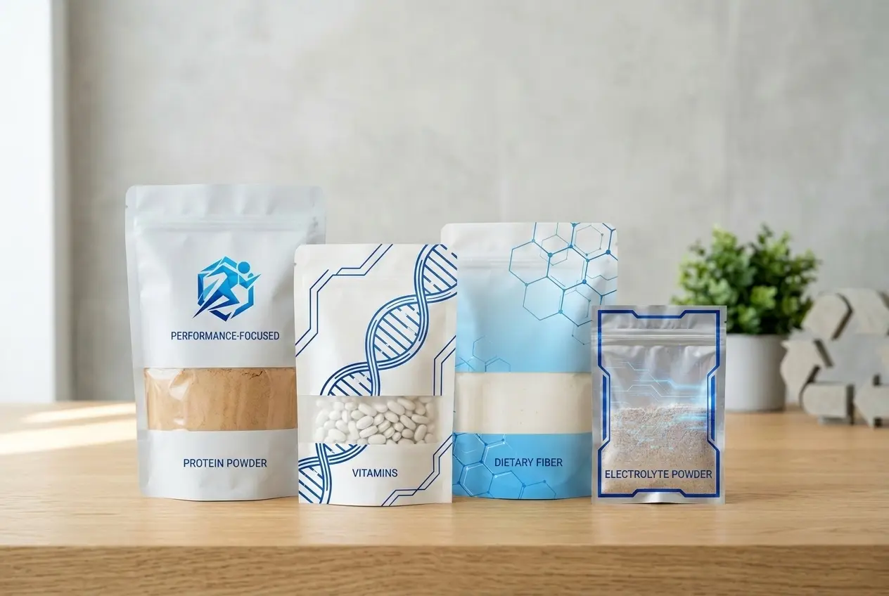 Health and wellness packaging for protein powder supplements vitamins and nutraceutical flexible bags