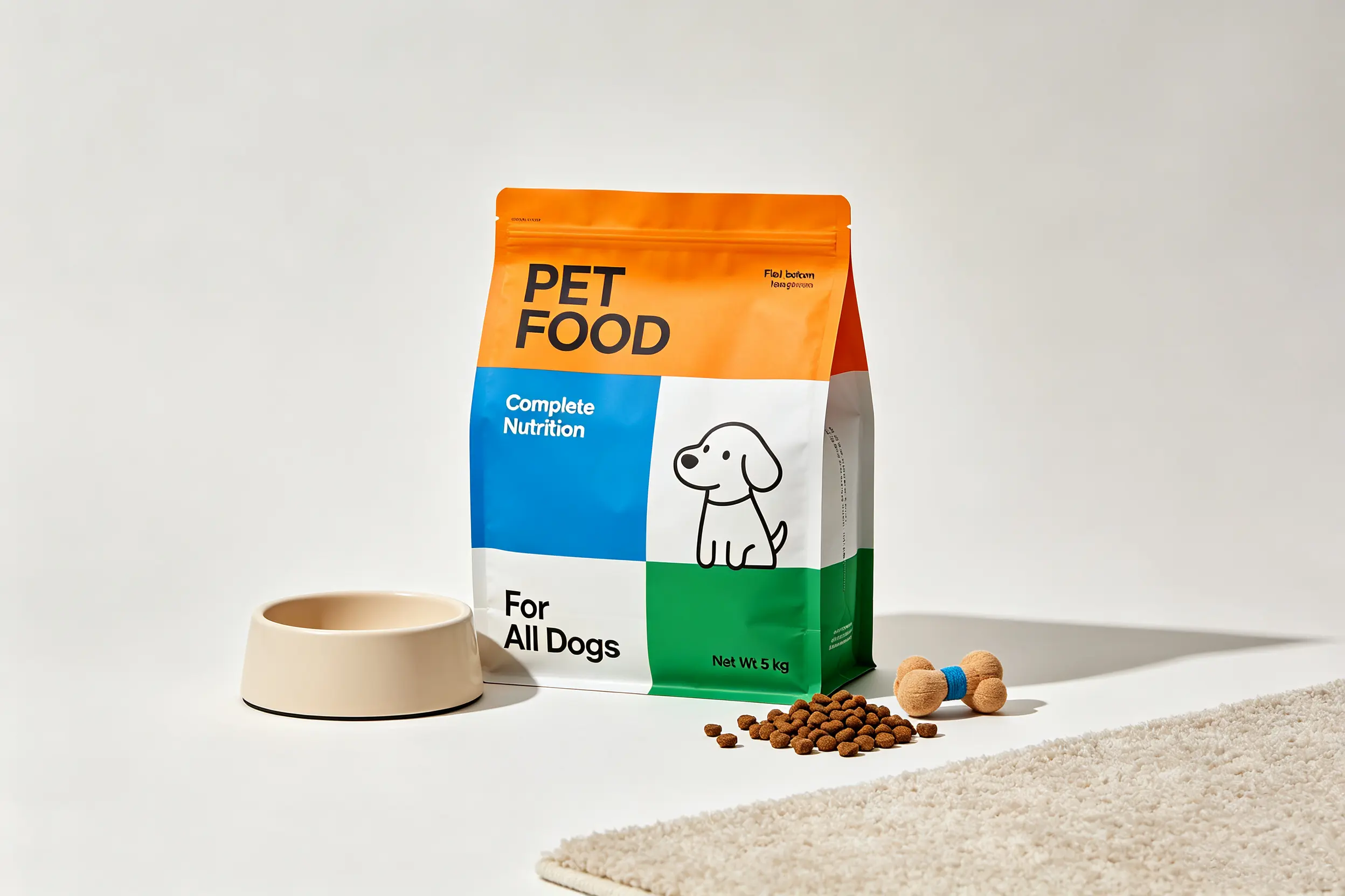 Flat bottom bag pet food packaging heavy duty structure for dry pet food products