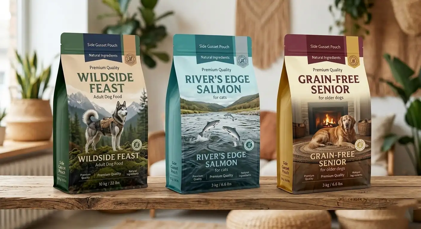 Pet food and treats packaging bags for dog and cat food flexible packaging retail display