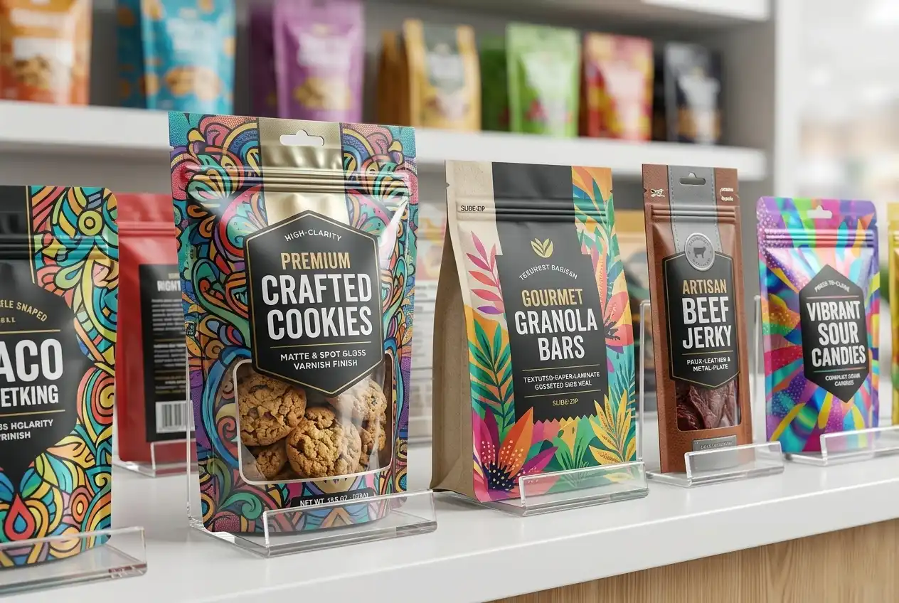 Snacks and candy packaging bags displayed on retail shelves with vibrant food branding design