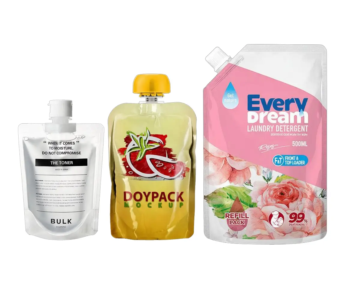 Custom spout pouch packaging format for liquid, beverage Cosmetics, laundry detergent, sauces and food packaging applications