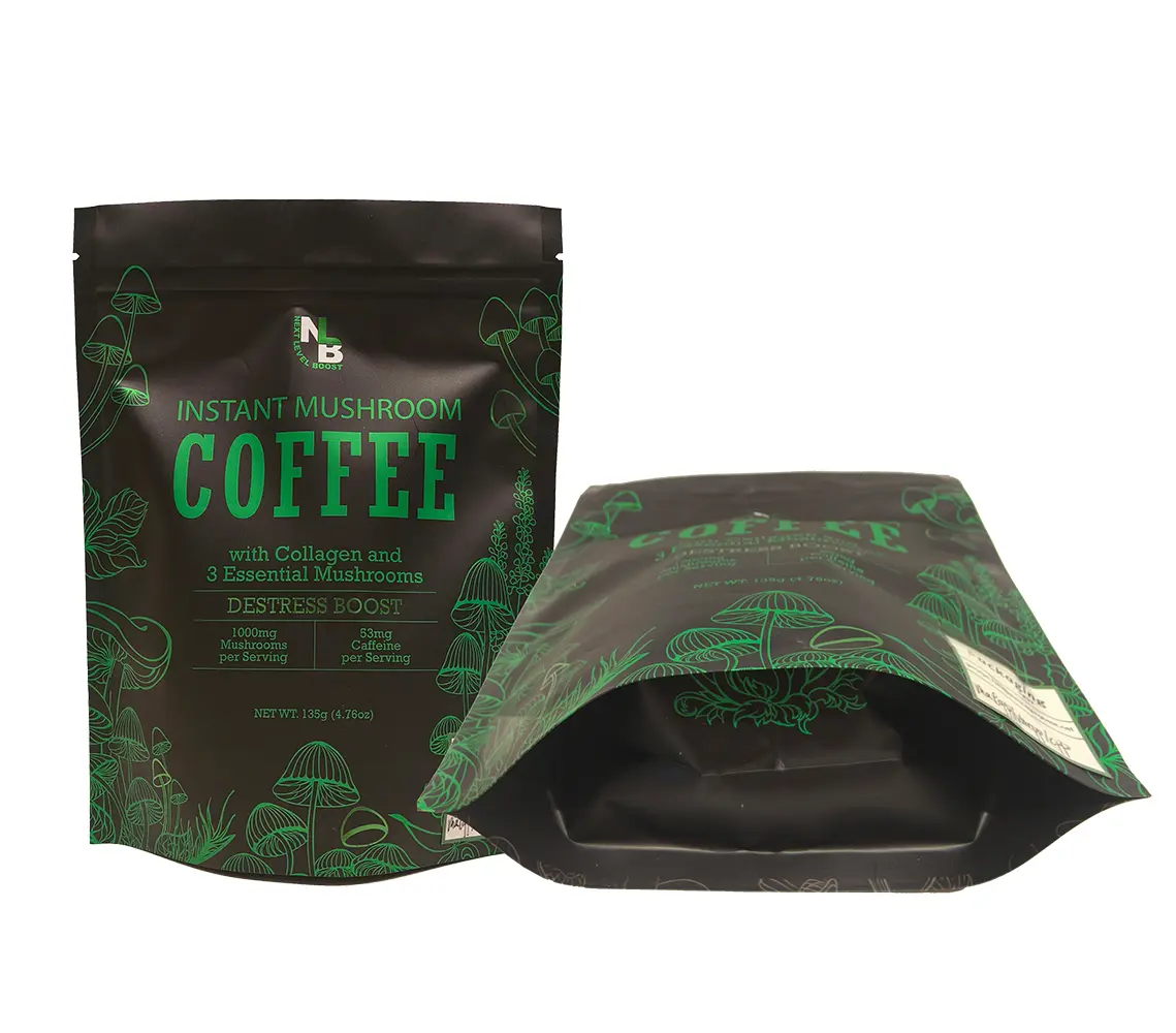 Custom ground coffee cannabis protein powder stand up pouch packaging format with resealable zipper eco friendly materials