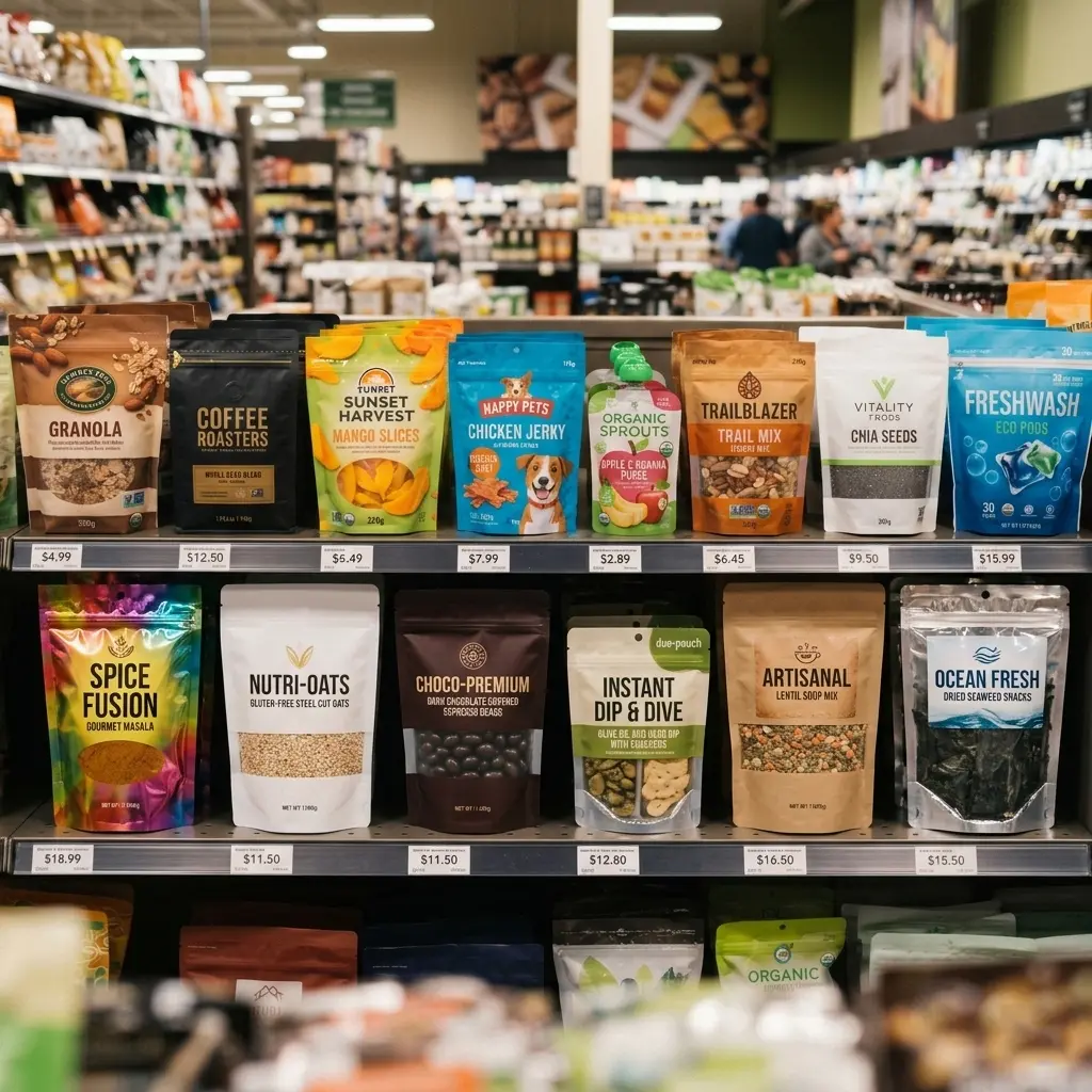 Stand up pouch packaging displayed on retail shelf for coffee and snacks