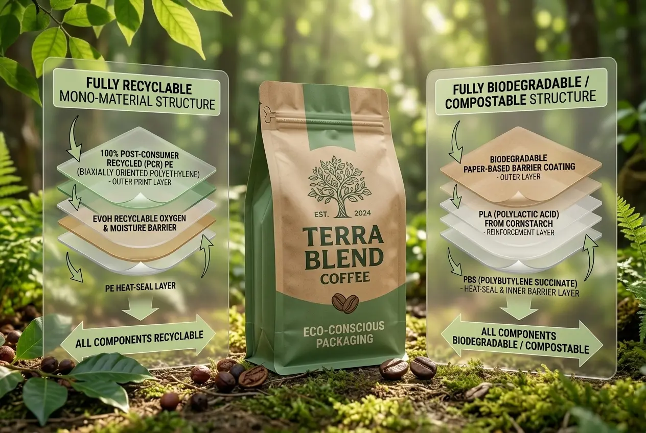 recycleable compostable coffee packaging materials including flat bottom bag manufactured by Yihaipack